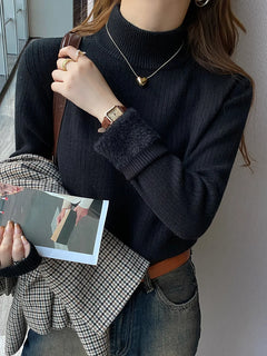 Women'S Turtleneck Sweater Winter 2025 Retro Red with Velvet Lining Thickened Inner Wear Thermal Knitting Bottoming Shirt