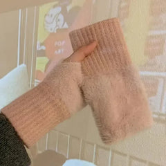 New Women'S Half-Finger Gloves - Soft & Warm for Winter, Luxury Solid-Color Plush Knitted Fingerless Gloves