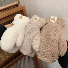 Winter Warm Plush Gloves Soft Thick Fingerless Korean Japanese Kawaii Bear Gloves with Ropes Casual Outdoor Riding Mittens Warm
