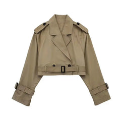 Women Fashion with Belt Cropped Trench Jacket Vintage Notched Neck Long Sleeve Female Chic Lady Coat Outfits