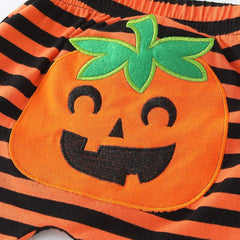 Baby Girl Halloween Cotton 4Pcs Sets 0-24M Infant Boy Monster Onesie + Pumpkin Striped Pants + Hat + Bib Festive Costume Outfit