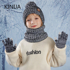 3Pc Kids Winter Hat Scarf Gloves Set Unisex Children Beanie Cap Knitted Scarf Cap Ear Protection Fleece Warm Hat Boys Girl