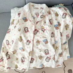 Plus Size Sleepwear Women'S Flannel Thickened Winter Warm Home Clothes Set Pink Bear Cross-Border Online Live Broadcast