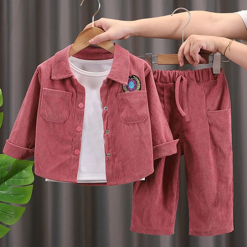 Boys and Girls Solid Color Smiling Face Print Corduroy 3-Piece Set Autumn Winter Fashion Long Sleeve Shirt and Long Pants