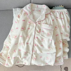 Plus Size Sleepwear Women'S Flannel Thickened Winter Warm Home Clothes Set Pink Bear Cross-Border Online Live Broadcast