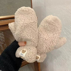 Winter Warm Plush Gloves Soft Thick Fingerless Korean Japanese Kawaii Bear Gloves with Ropes Casual Outdoor Riding Mittens Warm