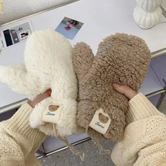 Winter Warm Plush Gloves Soft Thick Fingerless Korean Japanese Kawaii Bear Gloves with Ropes Casual Outdoor Riding Mittens Warm
