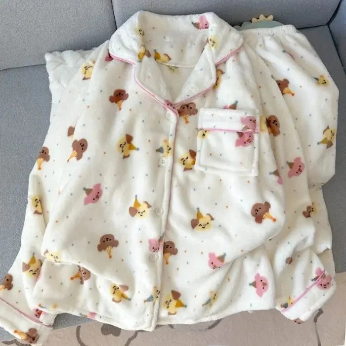 Plus Size Sleepwear Women'S Flannel Thickened Winter Warm Home Clothes Set Pink Bear Cross-Border Online Live Broadcast