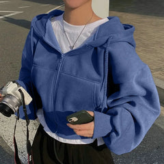 Autumn Winter Hooded Hoodies Women Casual Streetwear Zip up Sweatshirts Long Sleeve Jackets Harajuku Y2K Crop Tops Hood Shirt