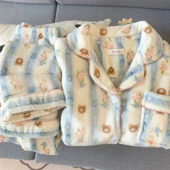 Plus Size Sleepwear Women'S Flannel Thickened Winter Warm Home Clothes Set Pink Bear Cross-Border Online Live Broadcast