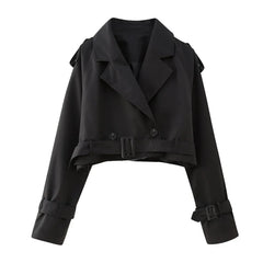 Women Fashion with Belt Cropped Trench Jacket Vintage Notched Neck Long Sleeve Female Chic Lady Coat Outfits