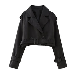 Women Fashion with Belt Cropped Trench Jacket Vintage Notched Neck Long Sleeve Female Chic Lady Coat Outfits