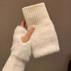 New Women'S Half-Finger Gloves - Soft & Warm for Winter, Luxury Solid-Color Plush Knitted Fingerless Gloves