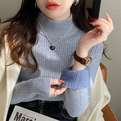 Women'S Turtleneck Sweater Winter 2025 Retro Red with Velvet Lining Thickened Inner Wear Thermal Knitting Bottoming Shirt