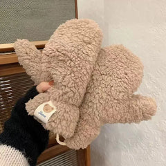 Winter Warm Plush Gloves Soft Thick Fingerless Korean Japanese Kawaii Bear Gloves with Ropes Casual Outdoor Riding Mittens Warm