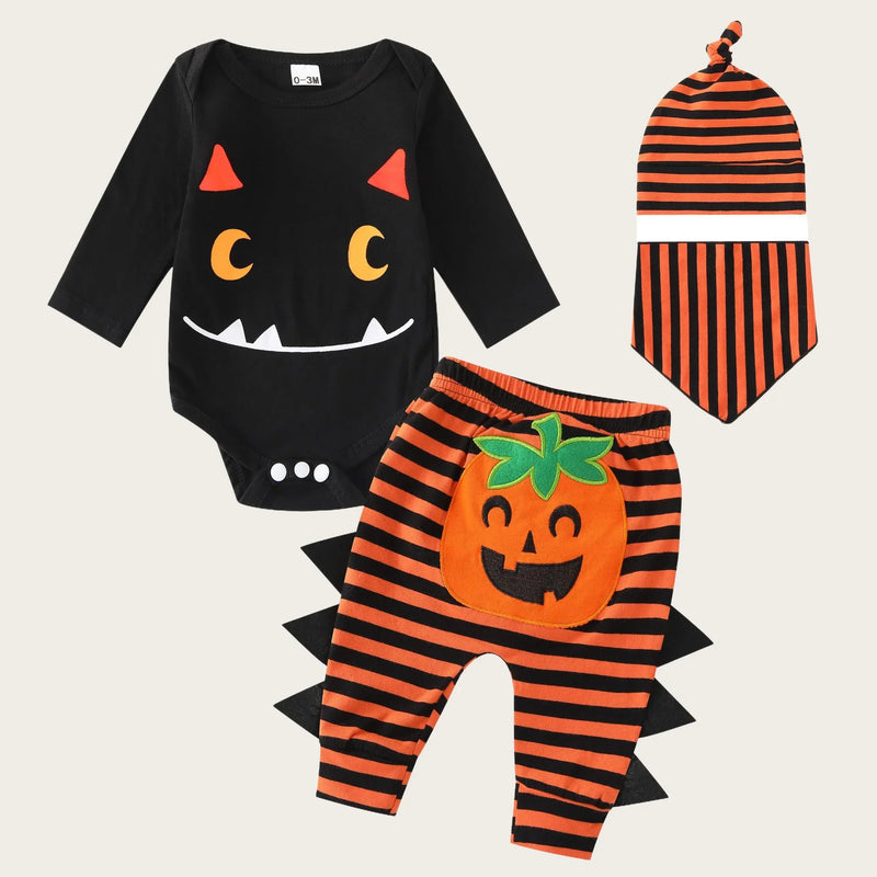 Baby Girl Halloween Cotton 4Pcs Sets 0-24M Infant Boy Monster Onesie + Pumpkin Striped Pants + Hat + Bib Festive Costume Outfit
