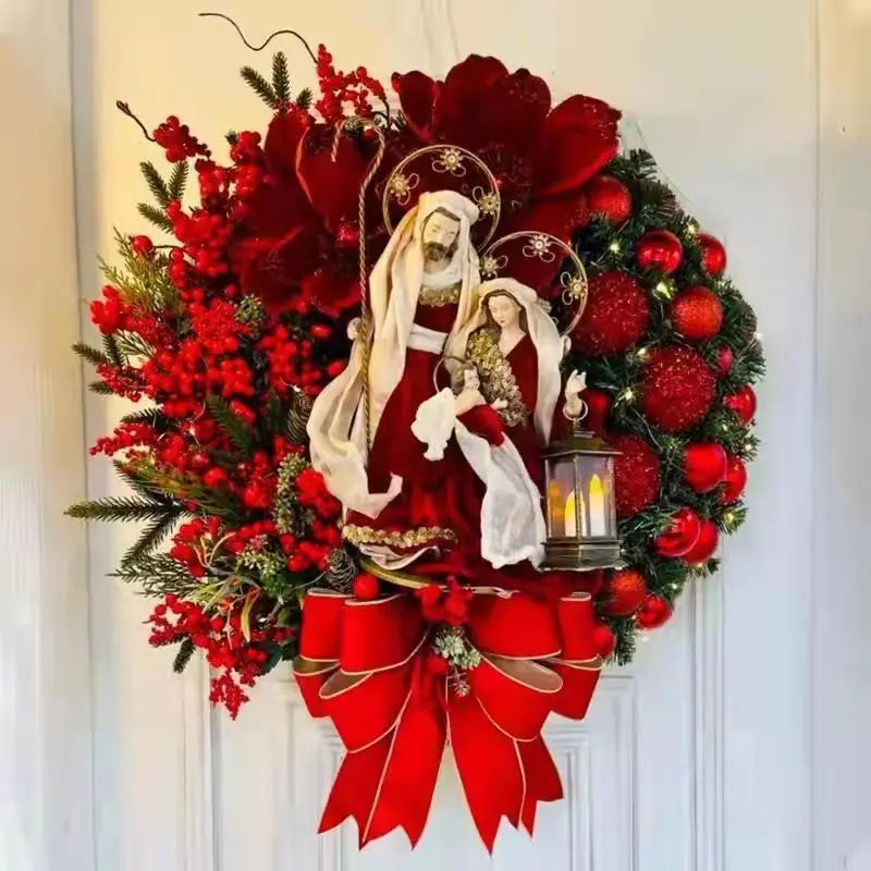 40Cm Christmas Wreath with Lantern Front Door Garland with Large Bow Seasonal Ornament Christmas Decoration for Front Door Wall