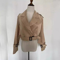 Women Fashion with Belt Cropped Trench Jacket Vintage Notched Neck Long Sleeve Female Chic Lady Coat Outfits