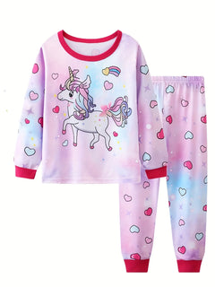 Girls Unicorn Cartoon Long Sleeve Pajamas Two Piece Set