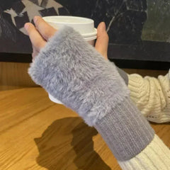 New Women'S Half-Finger Gloves - Soft & Warm for Winter, Luxury Solid-Color Plush Knitted Fingerless Gloves