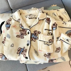 Plus Size Sleepwear Women'S Flannel Thickened Winter Warm Home Clothes Set Pink Bear Cross-Border Online Live Broadcast