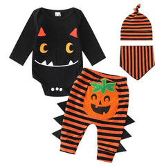 Baby Girl Halloween Cotton 4Pcs Sets 0-24M Infant Boy Monster Onesie + Pumpkin Striped Pants + Hat + Bib Festive Costume Outfit