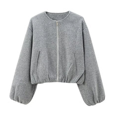 Outerwears Cropped Bomber Jacket Women Autumn Long Sleeve Faux Wool Coats for Woman Winter Zip up Gray Beige Short Coats