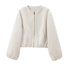 Outerwears Cropped Bomber Jacket Women Autumn Long Sleeve Faux Wool Coats for Woman Winter Zip up Gray Beige Short Coats