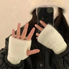 New Women'S Half-Finger Gloves - Soft & Warm for Winter, Luxury Solid-Color Plush Knitted Fingerless Gloves
