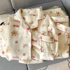 Plus Size Sleepwear Women'S Flannel Thickened Winter Warm Home Clothes Set Pink Bear Cross-Border Online Live Broadcast