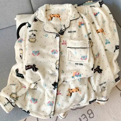 Plus Size Sleepwear Women'S Flannel Thickened Winter Warm Home Clothes Set Pink Bear Cross-Border Online Live Broadcast