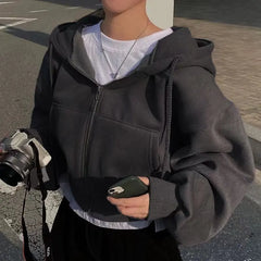 Autumn Winter Hooded Hoodies Women Casual Streetwear Zip up Sweatshirts Long Sleeve Jackets Harajuku Y2K Crop Tops Hood Shirt