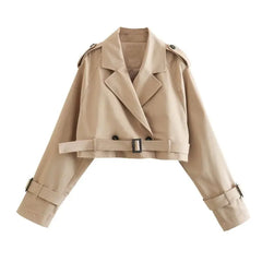Women Fashion with Belt Cropped Trench Jacket Vintage Notched Neck Long Sleeve Female Chic Lady Coat Outfits