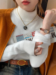Women'S Turtleneck Sweater Winter 2025 Retro Red with Velvet Lining Thickened Inner Wear Thermal Knitting Bottoming Shirt