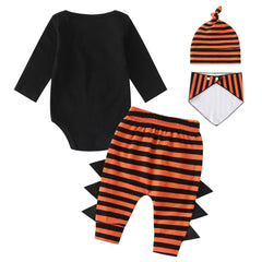 Baby Girl Halloween Cotton 4Pcs Sets 0-24M Infant Boy Monster Onesie + Pumpkin Striped Pants + Hat + Bib Festive Costume Outfit