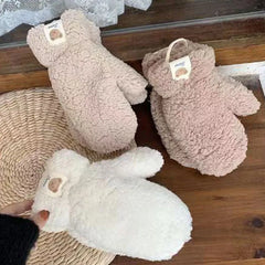 Winter Warm Plush Gloves Soft Thick Fingerless Korean Japanese Kawaii Bear Gloves with Ropes Casual Outdoor Riding Mittens Warm