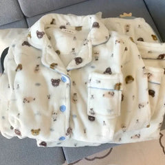 Plus Size Sleepwear Women'S Flannel Thickened Winter Warm Home Clothes Set Pink Bear Cross-Border Online Live Broadcast