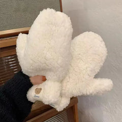 Winter Warm Plush Gloves Soft Thick Fingerless Korean Japanese Kawaii Bear Gloves with Ropes Casual Outdoor Riding Mittens Warm