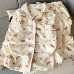 Plus Size Sleepwear Women'S Flannel Thickened Winter Warm Home Clothes Set Pink Bear Cross-Border Online Live Broadcast
