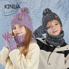 3Pc Kids Winter Hat Scarf Gloves Set Unisex Children Beanie Cap Knitted Scarf Cap Ear Protection Fleece Warm Hat Boys Girl