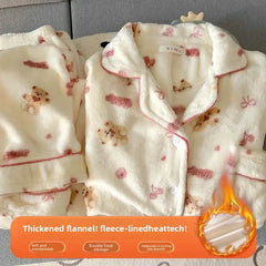 Plus Size Sleepwear Women'S Flannel Thickened Winter Warm Home Clothes Set Pink Bear Cross-Border Online Live Broadcast
