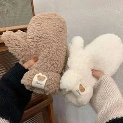 Winter Warm Plush Gloves Soft Thick Fingerless Korean Japanese Kawaii Bear Gloves with Ropes Casual Outdoor Riding Mittens Warm