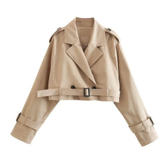 Women Fashion with Belt Cropped Trench Jacket Vintage Notched Neck Long Sleeve Female Chic Lady Coat Outfits