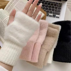 New Women'S Half-Finger Gloves - Soft & Warm for Winter, Luxury Solid-Color Plush Knitted Fingerless Gloves