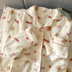 Plus Size Sleepwear Women'S Flannel Thickened Winter Warm Home Clothes Set Pink Bear Cross-Border Online Live Broadcast