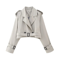 Women Fashion with Belt Cropped Trench Jacket Vintage Notched Neck Long Sleeve Female Chic Lady Coat Outfits